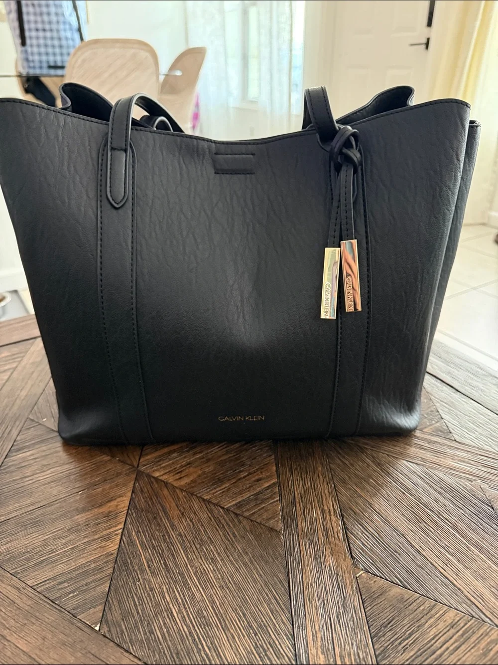 Calvin Klein Large Black Leather Shopper Tote Gold Hardware Bag Charm 3 Compartm